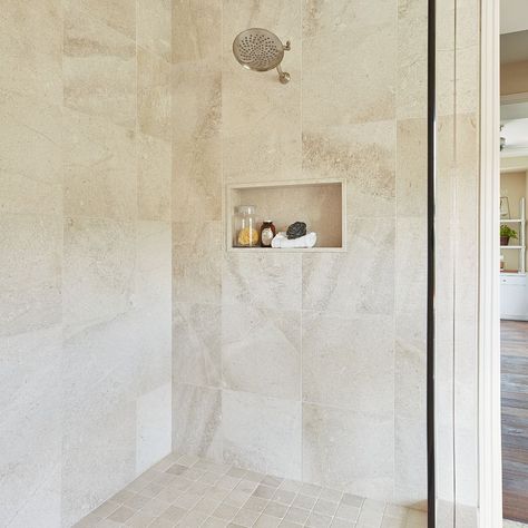 Crema Vosscione Honed - Arizona Tile Limestone Shower Tile, Limestone Bathroom Ideas, Limestone Bathroom, Natural Stone Tile Bathroom, Limestone Bathroom Tiles, Bad Inspo, Stone Shower Floor, Stone Floor Bathroom, Beige Bathrooms