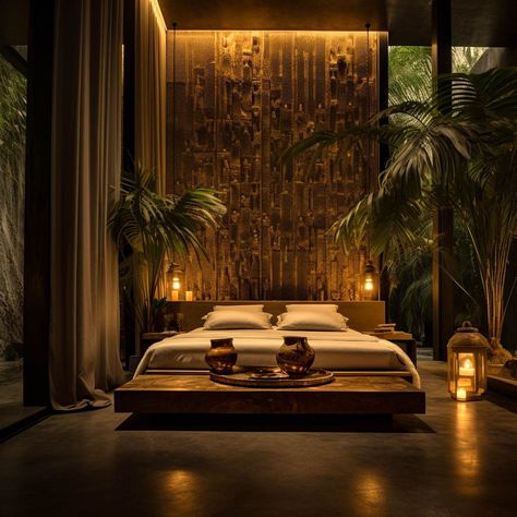 Tropical Architecture: Navigating the Art of Casual Luxury - Lie Alonso Dynasty Dark 80s Interior Design, Modern Tropical Apartment, Tropical House Bedroom, Mansion Bedroom Aesthetic, Tropical Hotel Room, Luxury Homes Dream Houses Interior, Tropical Asian House, Luxury Hotel Room Aesthetic, Luxury Hotel Aesthetic