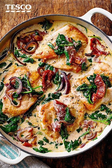 Creamy Spinach Chicken, French Mustard, Spinach Chicken, Tesco Real Food, Midweek Meals, Creamy Spinach, Spinach Recipes, Spinach Stuffed Chicken, Chicken Dishes Recipes