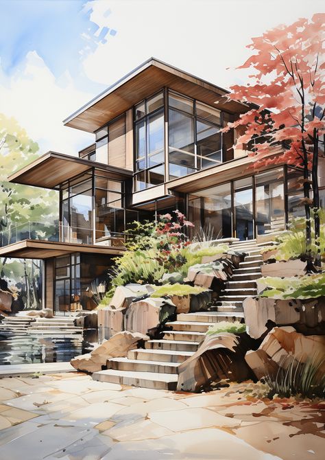 Made In Midjourney by @sweetmimiqt Dream House Architecture Drawing, Ipad Architecture, Modern Exterior Design, Interior Design Plan, Modern Architecture Design, Watercolor Architecture, Casas The Sims 4, Architecture Design Sketch, Architecture Design Drawing