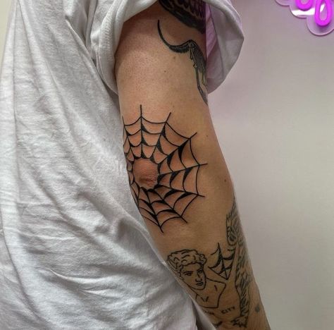 Spiderweb Hand Tattoo Men, Spider Web Elbow Tattoos For Women, Elbow Tattoo Web, Traditional Spider Web Tattoo Elbow, Barbed Wire Elbow Tattoo, Elbow Spiderweb Tattoo, Spiderweb Elbow Tattoo Women, Pajeczyna Tattoo, Cobweb Elbow Tattoo