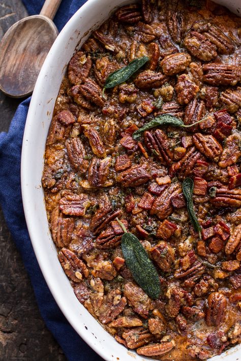 Bourbon Sweet Potato Casserole with Sweet 'n' Savory Bacon Pecans | halfbakedharvest.com @hbharvest Bourbon Sweet Potatoes, Savory Bacon, Thanksgiving Casserole, Greek Pita, Sweet Potato Recipes Casserole, Fall Dinner Party, Dinner Party Menu, Thanksgiving Dishes, Half Baked