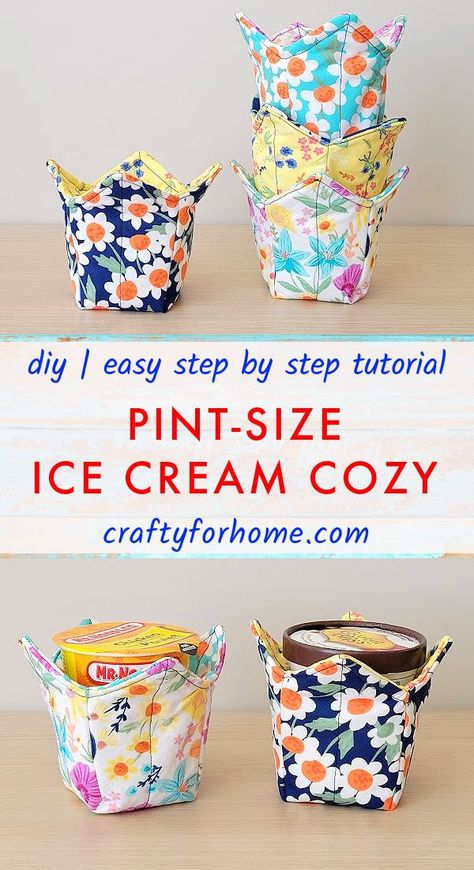 Blue, orange, yellow, pink flower fabric print for ice cream cup cozy. Ice Cream Bowl Cozy Pattern Free, Dish Cozy Pattern Free, Ice Cream Pint Cozy Pattern Free, Pint Size Ice Cream Cozy Pattern Free, Can Cozy Sewing Pattern, Ice Cream Cozy Sewing Pattern Free, Pint Cozy Pattern Free, Kitchen Sewing Projects Free Pattern, Ice Cream Cozy Sewing Pattern