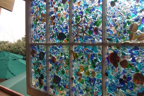 sea glass and sea shell window art | Flickr - Photo Sharing! A beautiful piece of art. Sea Glass Window, Glass Window Art, Mosaic Stained, Glass Art Projects, Beach Glass Art, Creation Deco, Sea Glass Crafts, Glass Candy, Glass Pieces