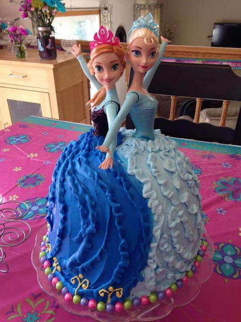 Elsa and Anna cake at a Frozen birthday party! See more party planning ideas at CatchMyParty.com! Anna Frozen Cake, Elsa Torte, Anna Cake, Frozen Bday Party, Elsa Cakes, Bolo Barbie, Elsa Doll, Elsa Birthday, Frozen Themed Birthday Party