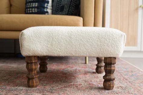 Boucle Ottoman DIY Tutorial | Hunker Reupholster Ottoman, Plywood Headboard, Boucle Ottoman, Ottoman Legs, Diy Bench Seat, Diy Bed Headboard, Headboard Tutorial, Diy Headboard Upholstered, Diy Ottoman