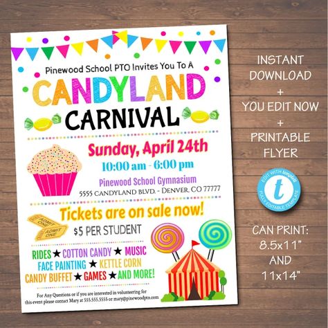 TidyLadyPrintables - Etsy Pta Organization, Pto Flyers, Carnival Flyer, Circus Party Invitations, Charity Work Ideas, Fun Fundraisers, Fundraiser Event, Fundraising Activities, Event Posters