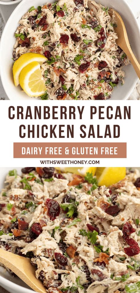 This easy cranberry and pecan chicken salad is the perfect blend of tender chicken, tart dried cranberries and crunchy pecans. Whether enjoyed on its own, in a sandwich, or on a bed of greens, this chicken salad is versatile for any occasion. #chickensalad Chicken Tart, Chicken Salad No Mayo, Cranberry Pecan Chicken Salad, Cranberry Chicken Salad, Pecan Chicken Salads, Chicken Salad Recipe Easy, Easy Whole 30 Recipes, Pecan Chicken, Healthy Chicken Salad