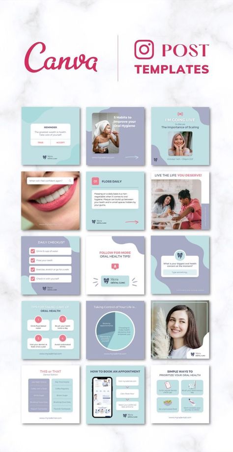 Elevate your dental practice's Instagram with our charming pastel-hued Canva templates. Designed to be both friendly and professional, these templates are easily customizable to reflect your clinic's unique brand.  Craft engaging content and make a lasting impression on your audience with these versatile designs, perfect for both dentists and orthodontists. 
.#CanvaTemplates #SocialMediaDesign #InstagramIdeas #PinterestTemplates #CreativeCanva Dentist Branding, Dental Posts, Aesthetic Doctor, Tinder Profile, Natural Teeth Whitening, Template Instagram, Instagram Design, Dental Clinic, First Impressions