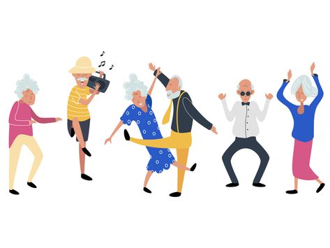 Seniors' Party by Elena Nesterova Senior Drawing, Senior Illustration, Dancing Clipart, Animation Storyboard, Banner Drawing, People Dancing, 자수 디자인, Party Funny, Line Dancing