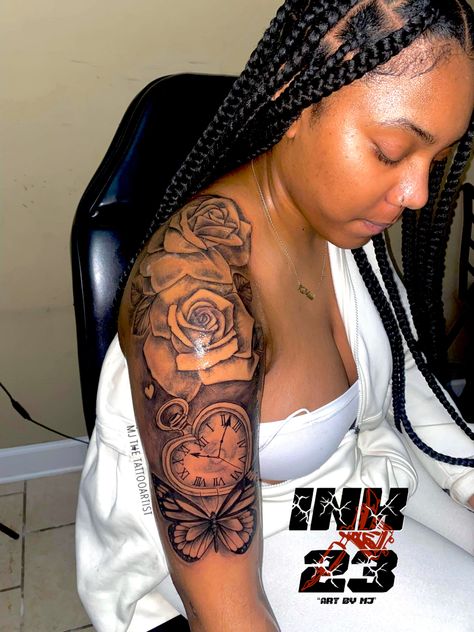 Should Sleeve Tattoo Women, Rose Clock And Butterfly Tattoo, Shoulder Arm Tattoos For Women Unique, Cute Small Forearm Tattoos For Women, Cute Arm Tattoos For Women Simple, Scripture Sleeve Tattoos For Women, Cute Tattoo Sleeves For Women, Tattoo Arm Women Sleeve, Tattoos For Loved Ones Who Passed Sleeve