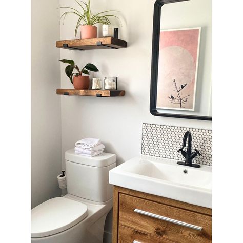 Sold individually, our wooden shelves are the perfect addition to elevate your bathroom with modern farmhouse charm and functional organization! These floating shelves come with 2 industrial brackets and all the necessary hardware for easy installation. Ideal for holding toiletries, towels, or decorative accents, these shelves will transform your bathroom into a stylish and organized oasis. *Each order contains 1 shelf and 2 J-brackets with installation hardware. For example, if you would like 3 Shelves For Above Toilet, Toilet With Shelves Above, Toilet Room Organization Ideas, Bathroom With Shelves Above Toilet, Bohemian Bathroom Accessories, Above Toilet Storage Shelves, Shelf In Bathroom Above Toilet, Bathroom Over Toilet Shelves, Renter Friendly Bathroom Shelves