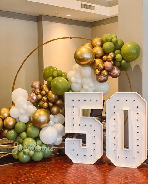 50 Decorations Birthday 50 Party, Backdrop With Marquee Numbers, Balloon Wall With Marquee Numbers, Corporate Anniversary Event Decor, Marquee Lights With Balloons, Decoration For Anniversary Party, Business Anniversary Decoration Ideas, 70s Anniversary Party, Balloons With Marquee Numbers