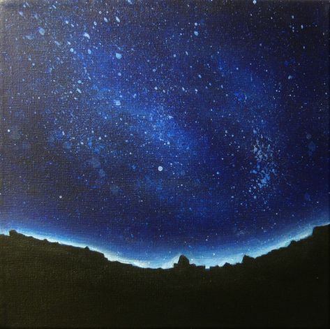 Blue Night acrylic painting of a dark night sky in blue white and light blue stars. In the foreground you can sea the silhouette of a town on canvas 20x20cm. A dark night always has a special attraction to me: frightening and pregnant with all possibilities at the same time. Dark Blue Sky Painting, Stars Acrylic Painting, Dark Night Painting, Dark Sky Painting, Blue And Black Painting, The Night Sky Painting, Genie Makeup, Dark Blue Painting, Night Acrylic Painting