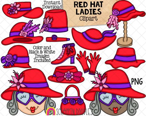 Red Hat Society Fashion, Bumble Bee Clipart, Red Hat Club, Red Hat Ladies, Red Hat Society, Hat Clips, Hat Embroidery, Paper Embroidery, Red Hat