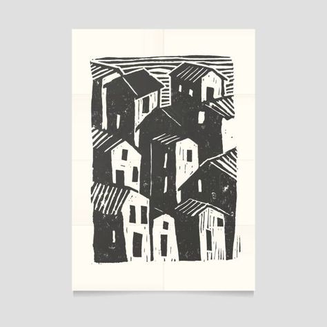 Picasso Linocut, Geometric Linocut, House Linocut, Linocut Art Simple, Linocut Art Ideas, Linocut Landscape, Simple Linocut, Linocut Prints Art, Linocut Prints Simple