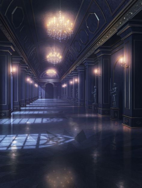 Ikemen Prince | Background | Obsidian Castle Corridor - Night Time Obsidian Castle, Prince Background, Castle Corridor, Midevil Castle, Ikemen Prince, Inside Castles, Royal Background, Castle Rooms, Castle Background