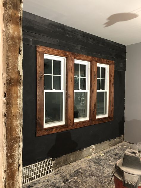 White Walls Natural Wood Trim, Reclaimed Wood Trim Ideas, White Windows Cedar Trim Exterior, Remodel Ranch Exterior, Cedar Framed Windows, Wood Stain Window Trim, Pallet Window Trim, Rustic Wall Trim, Black And Cedar House Interior