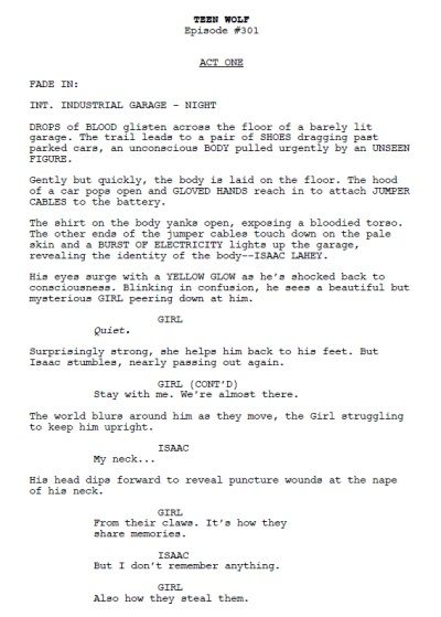 a look at the first script page of Teen Wolf Season 3! Acting Scripts To Practice, Teen Wolf Script, Teen Wolf Season 3, Acting Scripts, Acting Exercises, Screenplay Writing, Life After High School, Acting Techniques, Teen Wolf Seasons