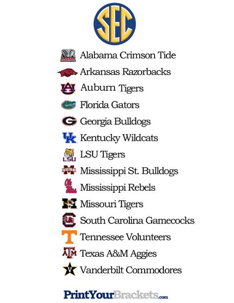 Printable List of SEC Teams Alabama Quilt, College Football Logos, Fantasy Football Names, Football Team Names, Football Names, Sec Football, Alabama Crimson Tide Football, College Football Teams, Crimson Tide Football