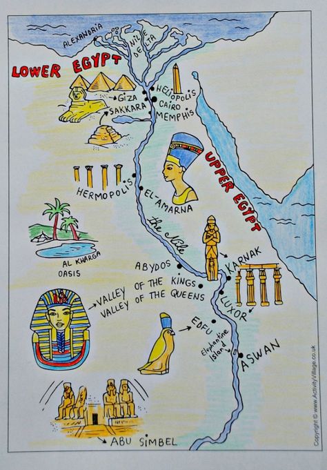 Ancient Egypt black and white map from Activity Village coloured in by the kids of ofamilylearningtogether.com Egypt Black And White, Ancient Egypt Display, Egypt Display, Ancient Egypt Map, Ancient Egypt Unit Study, Ancient Egypt Crafts, Ancient Egypt Activities, Egypt Lessons, Ancient Egypt For Kids