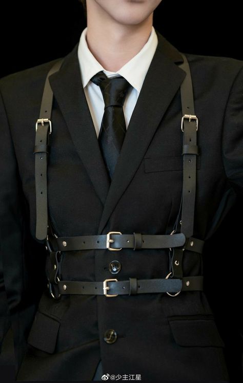 Suit And Harness Men, Suit Harness Men, Harness Suit Men, Harness Fashion Mens, Suits With Harness, Suit With Harness Men, Men In Harness, Formal Cyberpunk Outfit Male, Men Harness Outfit