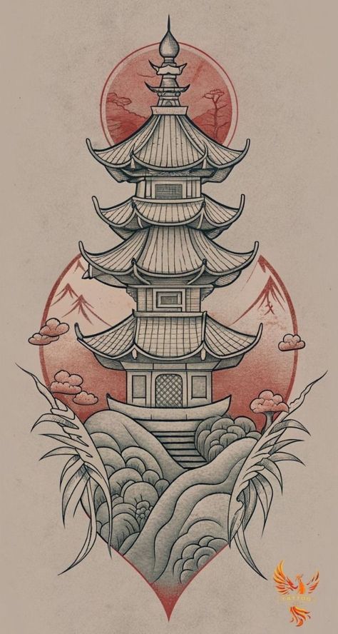 Japanese Temple Tattoo, Japanese Hand Tattoos, Ink Tattoo Design, Red Tattoo Ideas, Lion Art Tattoo, Chicanas Tattoo, Temple Tattoo, Tattoo Japanese Style, Red Ink Tattoo