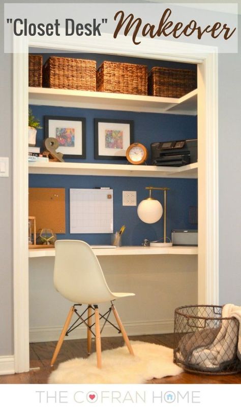 A few years ago, we had one of our closets turned into a little secret “home office” work space.   We added some built-in shelves and a desktop into the closet.… Closet Desk, Home Office Closet, Stone Sour, Closet Office, Office Nook, Office Guest Room, Desk Makeover, Desk Areas, Small Closet