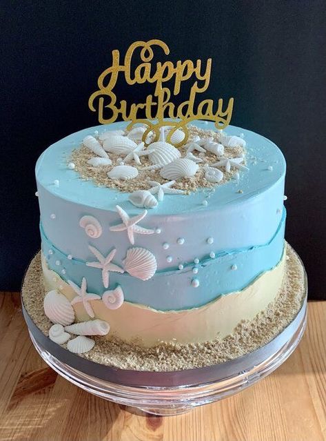 Beach Cake Recipe, Cake Designs Ocean Theme, Sea Cake Theme, Cake With Sea Theme, Beach Inspired Birthday Cakes, Waves Birthday Cake, Cake Beach Birthday, Cake Sea Ocean, Birthday Beach Theme Decorations