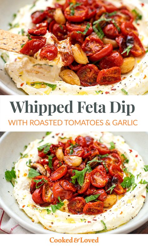 Flavours explode in this whipped feta dip with roasted cherry tomatoes and garlic. Served with crispbreads, crackers, sourdough bread, or whatever low-carb or gluten-free alternative you have, this amazing appetizer will have everyone talking! Great for the holidays, as part of a mezze platter or as a dinner party starter. One of the best feta recipes! Hearty Appetizers, Tomato Appetizers, Dinner Party Starters, Whipped Feta Dip, Mezze Platter, Gluten Free Appetizers, Feta Recipes, Feta Dip, Queso Feta