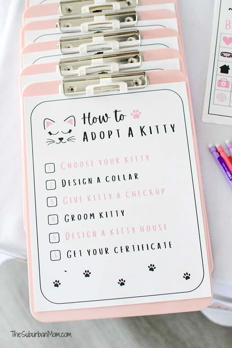 Cat Adoption Birthday Party Ideas, Printables, Favors And More Adopt A Cat Birthday Party Ideas, Girls Cat Birthday Party Ideas, Adopt A Cat Party, Cat Birthday Games, Cats Birthday Party Ideas, Kitten Adoption Party, Kitty Adoption Birthday Party, Puppy Kitty Birthday Party, Cat Party Games For Kids