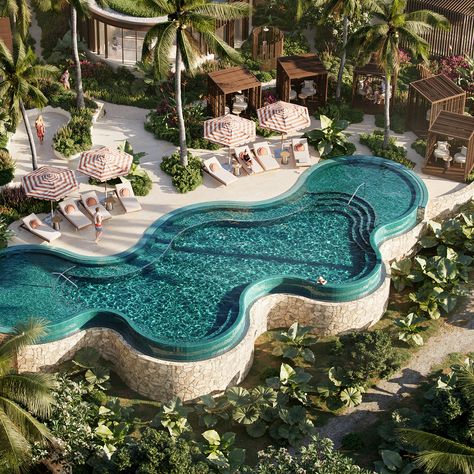 Resort Swimming Pool Design, Swimming Pool Resort Design, Fancy Pools Luxury, Beach Resort Interior Design, Pool Hotel Design, Island Resort Design, Resort Landscaping, Resort Pool Design, Hotel Pool Design