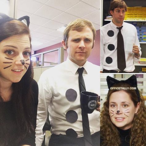 Halloween Couple Costume! 3-Hole Punch Jim & Pam as a cat! #theoffice #jimandpam Jim And Pam Costume, The Office Halloween, Halloween Couple Costume, Office Halloween Costumes, Jim And Pam, Jim Pam, Office Halloween, Halloween Couple, Couple Costume