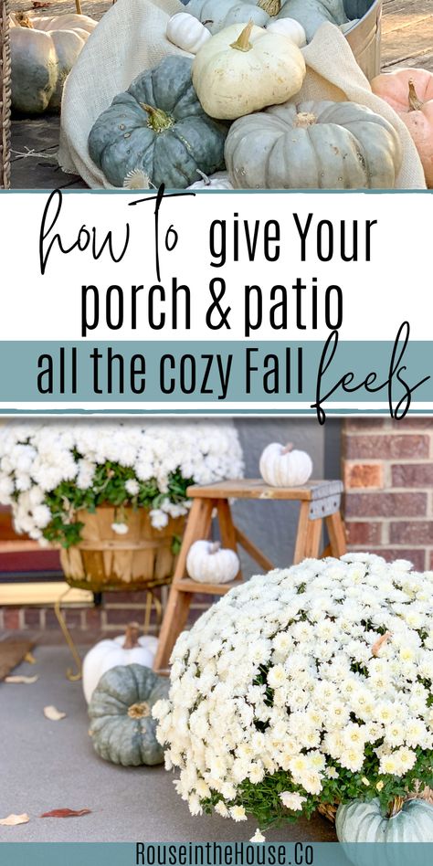 Fall Front Porch Decor Blue House, Fall Outdoor Decor Front Porch Diy, Halloween Porch Planter Ideas, Fall Curb Appeal Porch Ideas, Back Deck Fall Decor, Fall Outdoor Patio Decor, Fall Porch Table Decor, Modern Fall Porch Decorating Ideas, Back Porch Fall Decorating Ideas