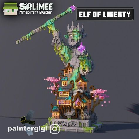 Minecraft Mob Farm Decoration, Minecraft Statue Of Liberty, Minecraft Elf Build, Elf Minecraft Builds, Minecraft End Builds, Elf Minecraft, Minecraft Statue Ideas, Minecraft Wizard, Ship Minecraft