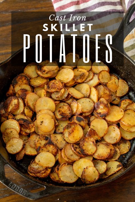 These skillet potatoes are the quintessential comfort food. They're perfectly fried and bursting with flavor, making them the ultimate side for all of your breakfast or dinner entrees. Cast Iron Skillet Potatoes, Iron Skillet Potatoes, Hey Grill Hey, Grilling Recipes Sides, Skillet Potatoes, Iron Skillet Recipes, Cast Iron Skillet Recipes, Grilled Potatoes, Cast Iron Recipes