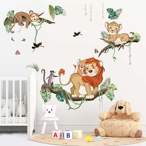 decalmile Jungle Animals Wall Stickers Monkey Lion Safari Wall Decals Baby Nursery Kids Room Living Room Home Decor : Amazon.co.uk: Baby Products Lion Safari, Jungle Tree, Wall Stickers Animals, Tree Branch Wall, Animal Wall Decals, Playroom Wall Decor, Jungle Nursery, Peeling Paint, Playroom Wall