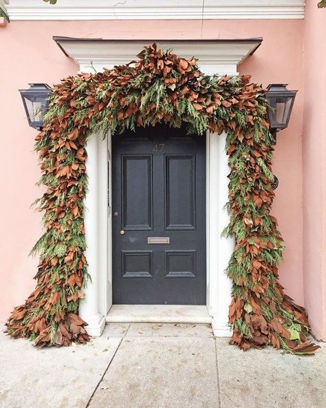 Christmas door decor ideas from Charleston. A magnolia garland. #christmasdecor #charleston Charleston Christmas, Magnolia Garland, Easy Christmas Wreaths, Christmas Travel, Christmas Door Decorations, Holiday Activities, Christmas Door, Christmas Garland, Simple Christmas