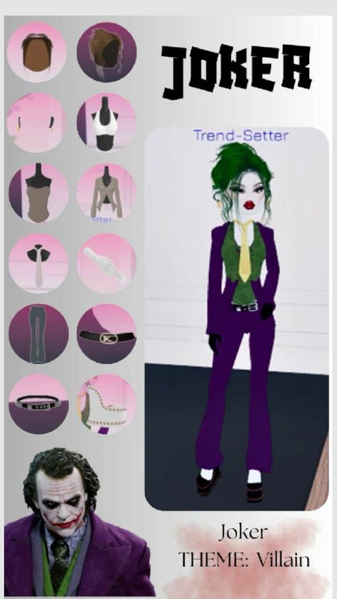 joker in dti (dress to impress) Dti Outfits Theme Joker, Daredevil And Troublemakers Dti Outfit, Racecar Driver Dress To Impress, Dti Costume Party Free, Villans Dress To Impress, Cosplay Dress To Impress Roblox Game, How To Impress People, Spider Man Dti Outfit, Dti Outfits Ideas Villain