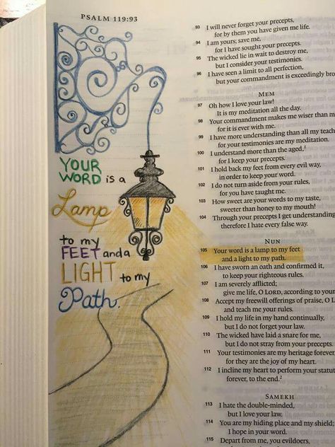 Your word is a lamp to my feet and a light to my path. . Illustration Bible, Light To My Path, Journaling Quotes, Bible Drawing, Bible Journaling Ideas Drawings, Bible Doodling, Inspire Bible Journaling, Quotes Bible, Ayat Alkitab