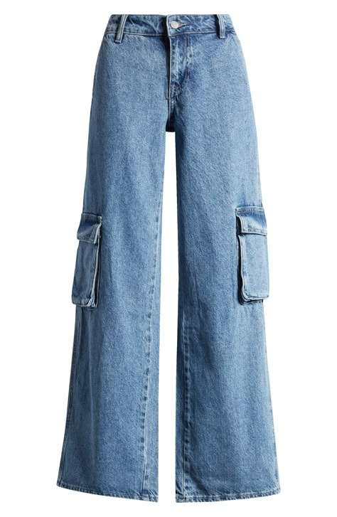 Side cargo pockets give you ample space on these faded wide-leg jeans that give you definite retro vibes. 29 1/2" inseam; 24" leg opening; 10" front rise; 14 1/2" back rise (size 29) Zip fly with button closure Side cargo pockets 100% cotton Machine wash, tumble dry Imported Over Sized Jeans, Baggy Jeans With Pockets, Big Baggy Jeans, Clothes Png Polyvore, Jean Cargo Pants, Aesthetic Clothes Png, Blue Cargo Jeans, Cargo Pants Jeans, Jeans Cargos