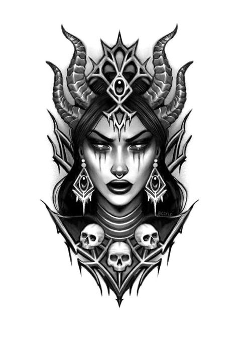 Neotraditional Tattoo Design Black, Female Demon Tattoo, Demon Woman Tattoo, Devil Woman Tattoo, Demon Girl Tattoo, Black Work Tattoo Design, Lilith Tattoo Art, Tattoos Creepy, Tato Realis