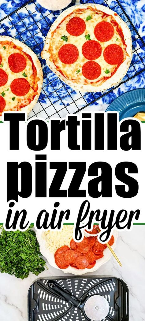 Air fryer tortilla pizzas are a low carb dinner idea or snack. Pizza on a tortilla is an easy recipe that kids can make with all the toppings Pizza On Low Carb Tortilla, Air Fryer Tortilla Pizza, Air Fryer Tortilla, Tortilla Pizzas, Mexican Pizza Recipe, How To Make Tortillas, Air Fryer Cooking Times, Tortilla Pizza, Mexican Pizza