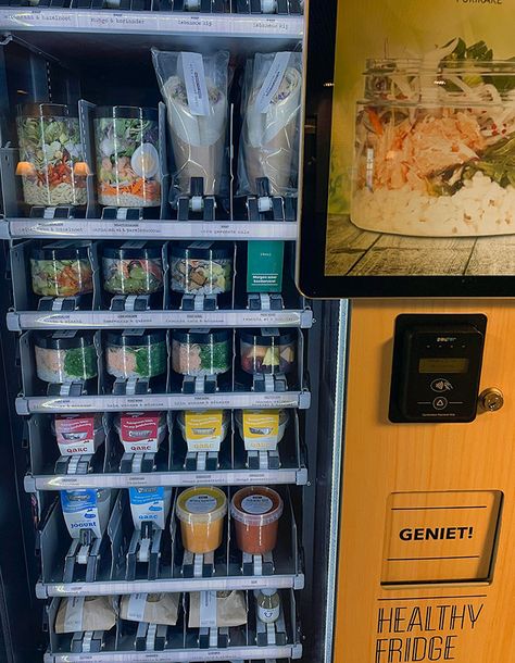 Cool Vending Machine Ideas, Healthy Affordable Meals, Healthy Vending Machines, Food Vending Machines, Vending Machine Design, Healthy Fridge, Affordable Meals, Vending Machine Business, Food Truck Menu