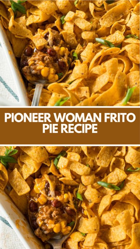 Pioneer Woman Frito Pie is made with ground beef, onion, Ranch Style beans, Frito corn chips, enchilada sauce, and cheddar cheese. With a total cook time of 35 minutes, it serves 8 people. Crockpot Frito Pie, Pioneer Woman Desserts, Ranch Style Beans, Pioneer Kitchen, Frito Recipe, Frito Pie Recipe, Frito Chili Pie, Simple Dinners, Frito Pie