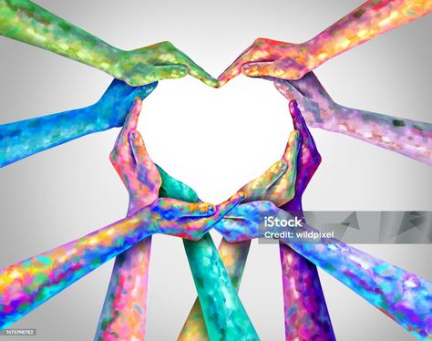 Diversity Heart hands as a group of artistic hands with painted texture as diverse people connected together shaped as a love symbol for unity in a 3D illustration style. Symbol For Unity, Diverse People, Love Symbol, Illustration Style, Heart Hands, Love Symbols, 3d Illustration, A Group, A Love