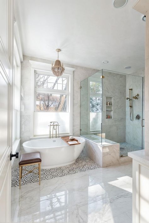 Bathroom Master Remodel, Shower Tub Master Bath, Tub In Front Of Window Layout, Toilet Between Shower And Tub, Modest Master Bath, Bathroom With Lots Of Windows, Master Bath With Tub And Shower Bathroom, Master Bath Freestanding Tub Layout, Master Shower Large Tile