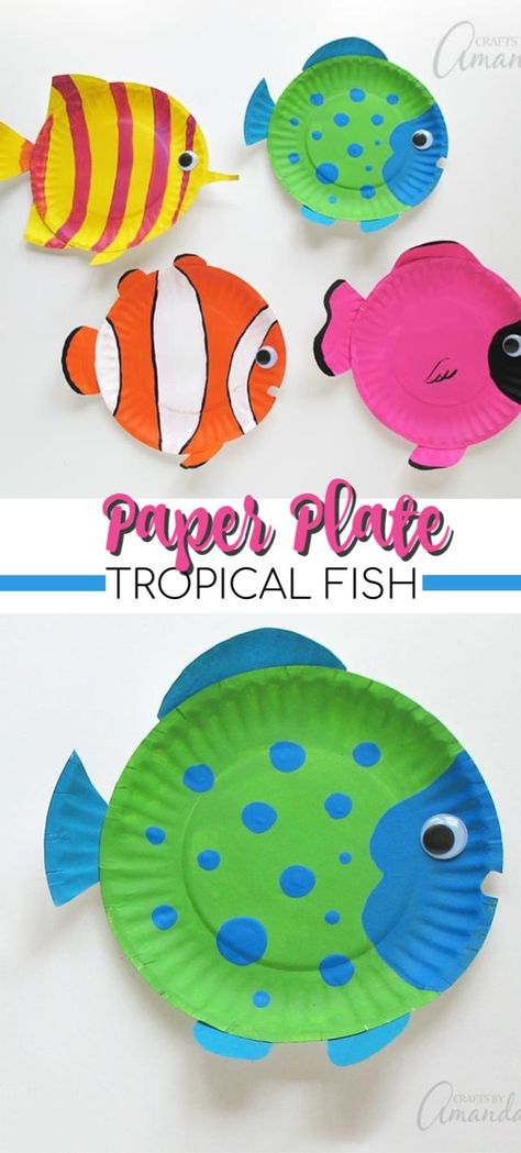 These paper plate tropical fish have bright, cheery and vibrant colors. There's no doubt that your children will love making this paper plate craft!  | Ocean Crafts for Kids   #paperplatecraft #kidscraft #summeractivities #summer #tropical #beachcrafts Safari Animal Art Preschool, Paper Towel Crafts, Babysitting Crafts, Fish Craft, Maluchy Montessori, Paper Plate Craft, Paper Plate Crafts For Kids, Toddler Arts And Crafts, Hemma Diy