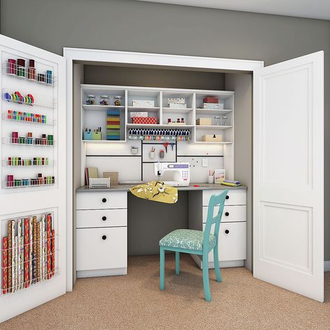 Craft Closet With Fold Down Table, Sewing Room In A Closet, Walk In Closet Craft Room Ideas, Hidden Craft Room, Craft Closet Ideas, Closet Craft Space, Art Closet, Craft Nook, Sewing Nook