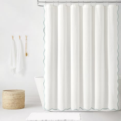 PRICES MAY VARY. 52% Polyester, 37% Cotton, 8% Viscose, 3% Nylon Exclusive of Decoration Chic Decor: Bring a blend of seaside charm and style to your space with this Coastal Chic Scallop Edge Shower Curtain. The scalloped edge design is reminiscent of rolling waves along the shoreline, infusing your bathroom with a tranquil coastal ambiance. Coastal Charm: This shower curtain features a solid white color with a light blue binding on the scallop edge. Create a serene, resort-like feel with this e Coastal Shower Curtain, Elegant Shower Curtains, Neutral Curtains, Shower Curtain Sizes, Gray Trim, Lush Decor, Coastal Colors, Scallop Edge, Coastal Chic